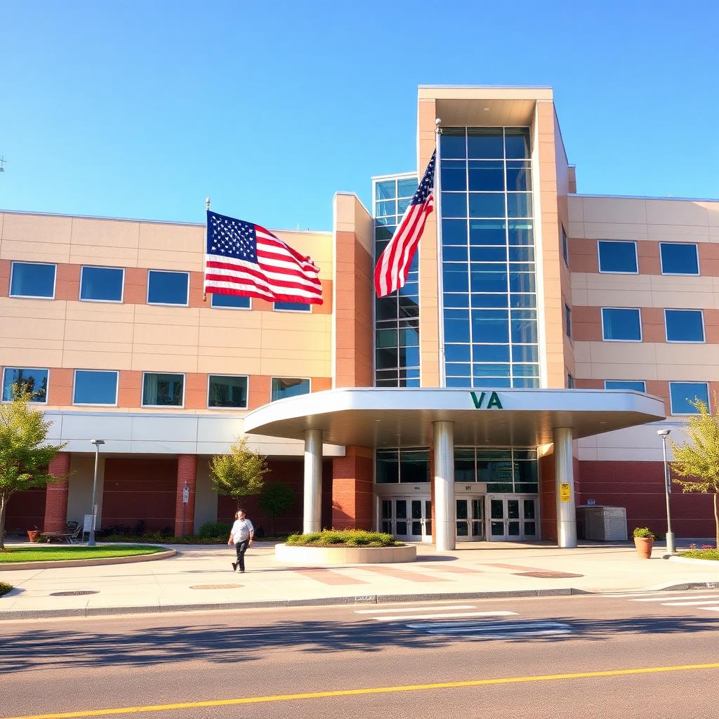 VA hospital with American flags